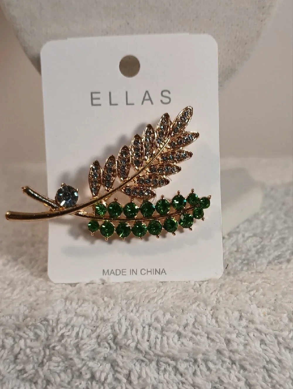 Ella Gold-Tone Leaf Brooch with Green and Clear Rhinestones